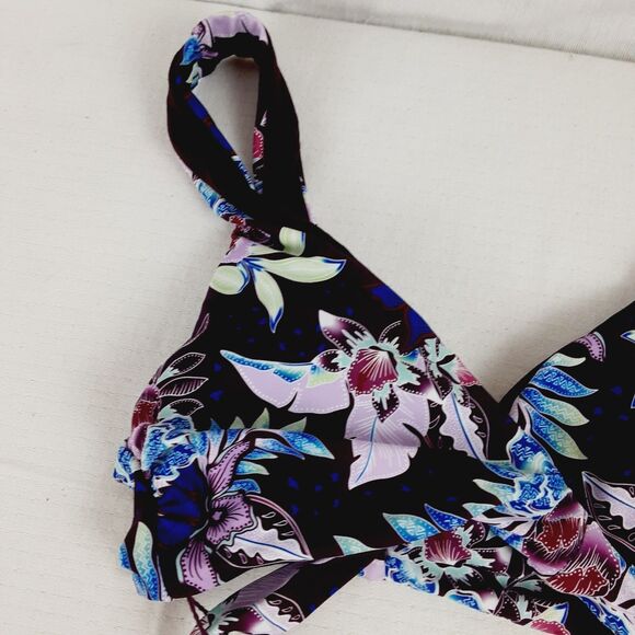 Decree Womens Small Wrap Style Front Purple Plum Tropical Floral Bikini Top - Picture 3 of 14